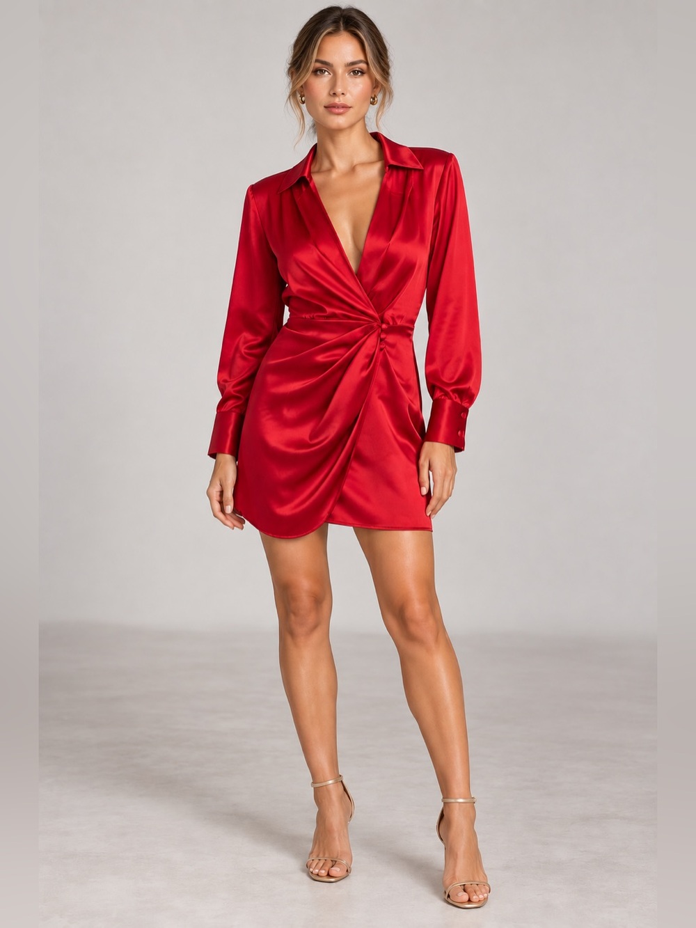 Zara Red Satin Wrap Mini Dress Womens Small Long Sleeve Collared Twist V Neck